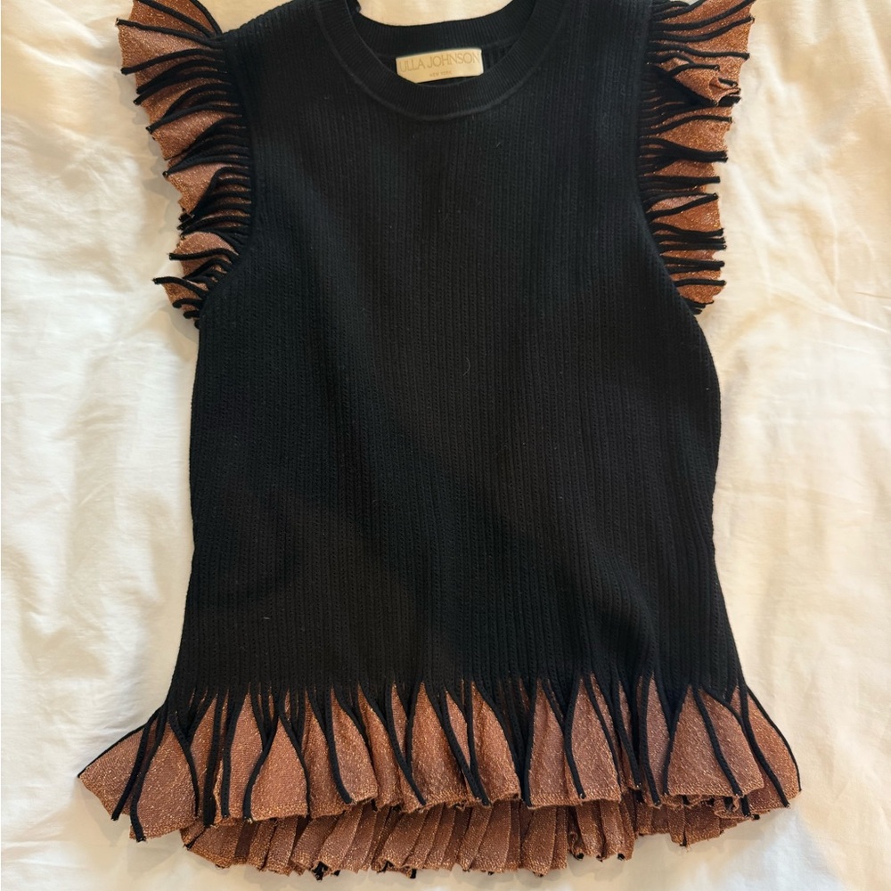 Ulla Johnson Black and Brown Ruffle Sleeve Top